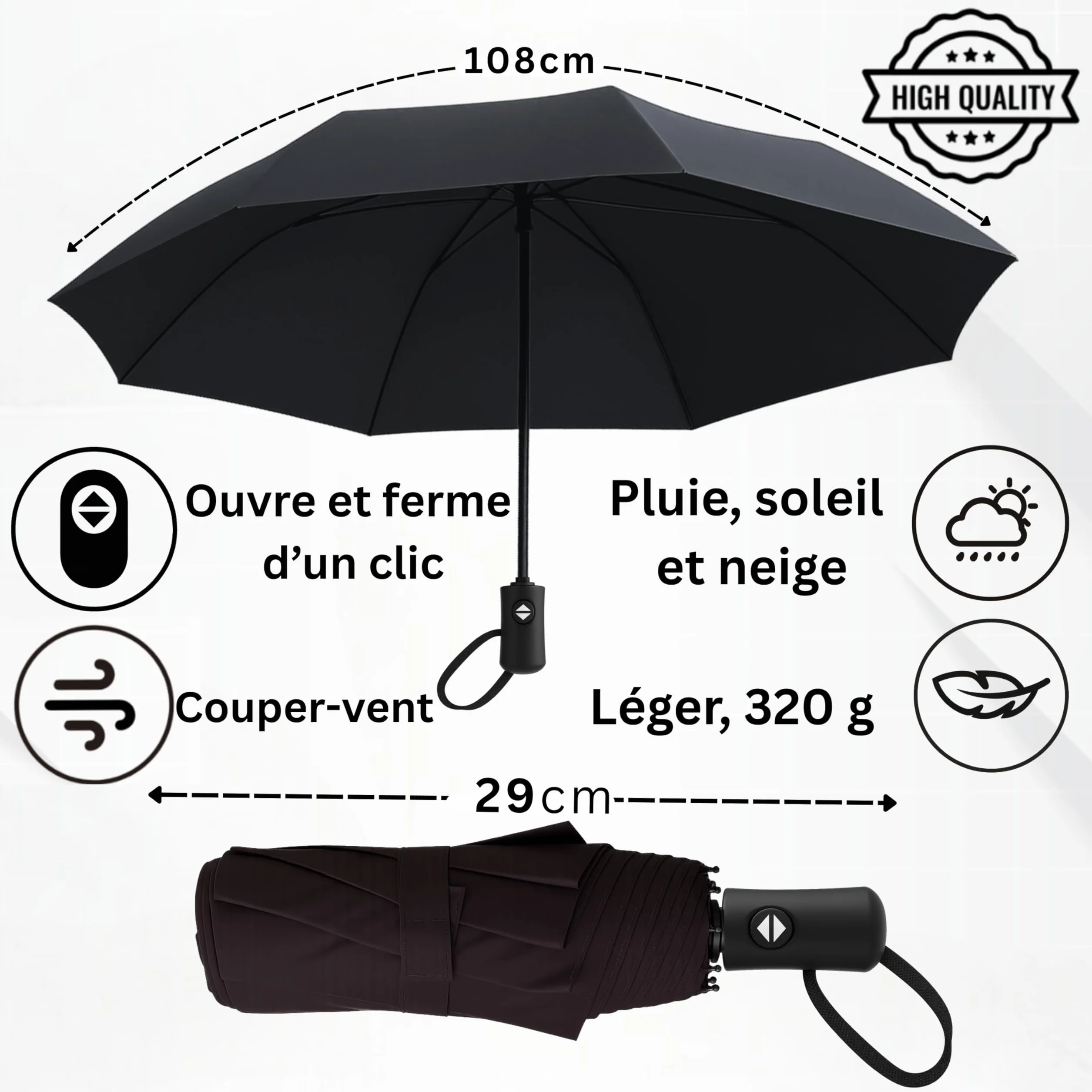 Drytogo Parapluie pliant résistant vent fort 3 tailles Ø95-105 cm automatique