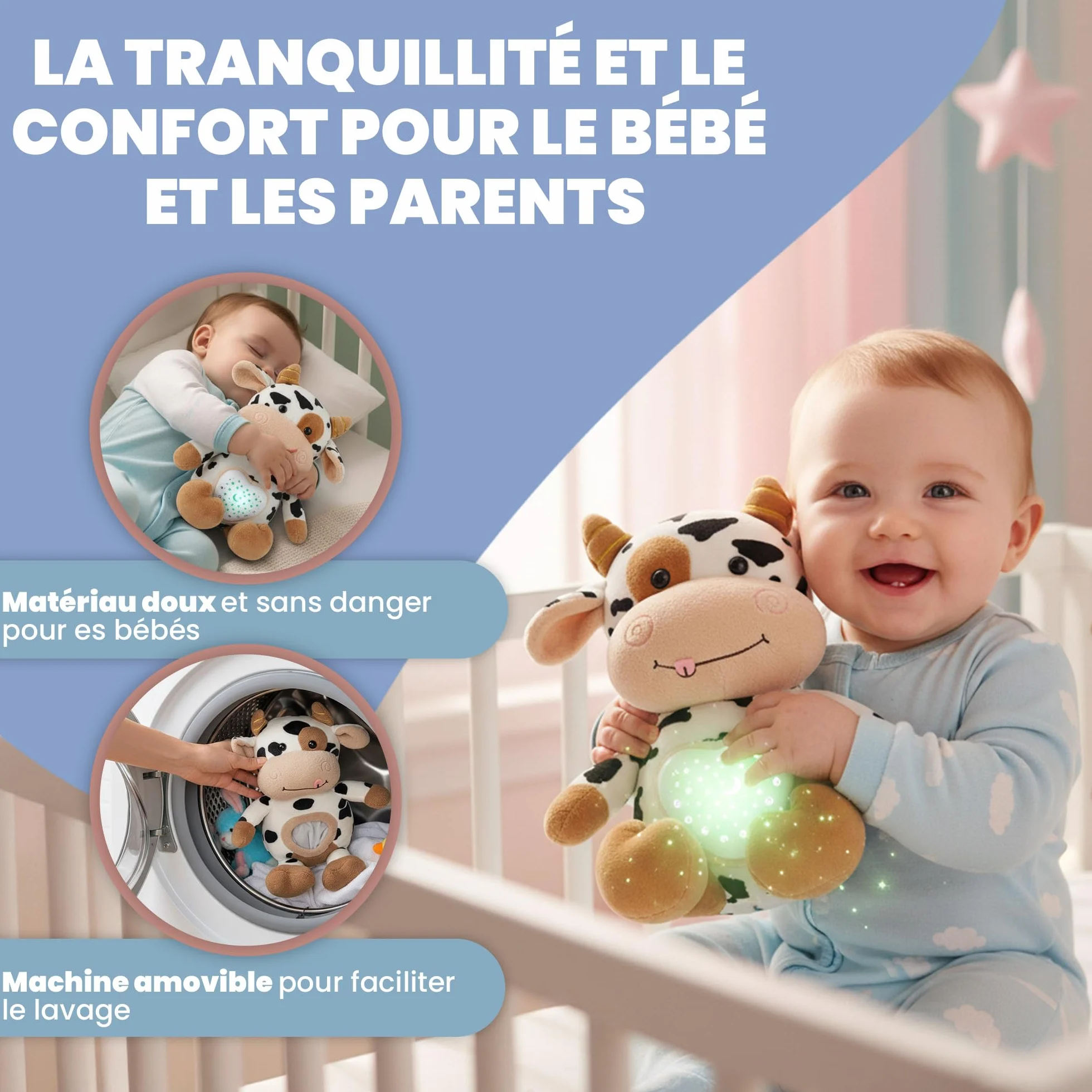 Peluche Bruit Blanc Bébé Veilleuse Musicale – 15 Mélodies avec Détecteur de Pleurs et Minuterie – Rechargeable USB – Cadeau Naissance