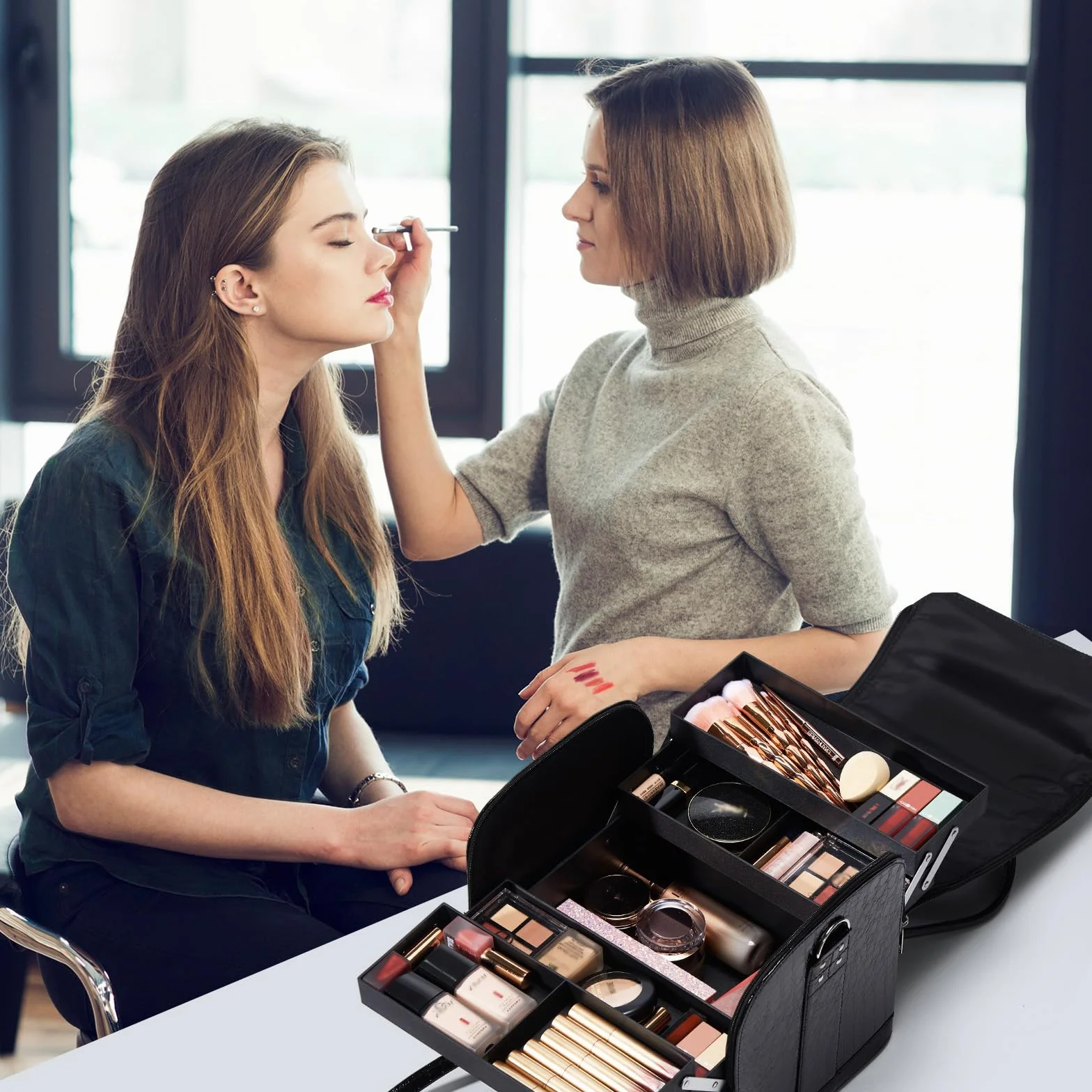 Professionnel Mallette Maquillage Étanche Noir avec Bretelle Organisateur Cosmétique