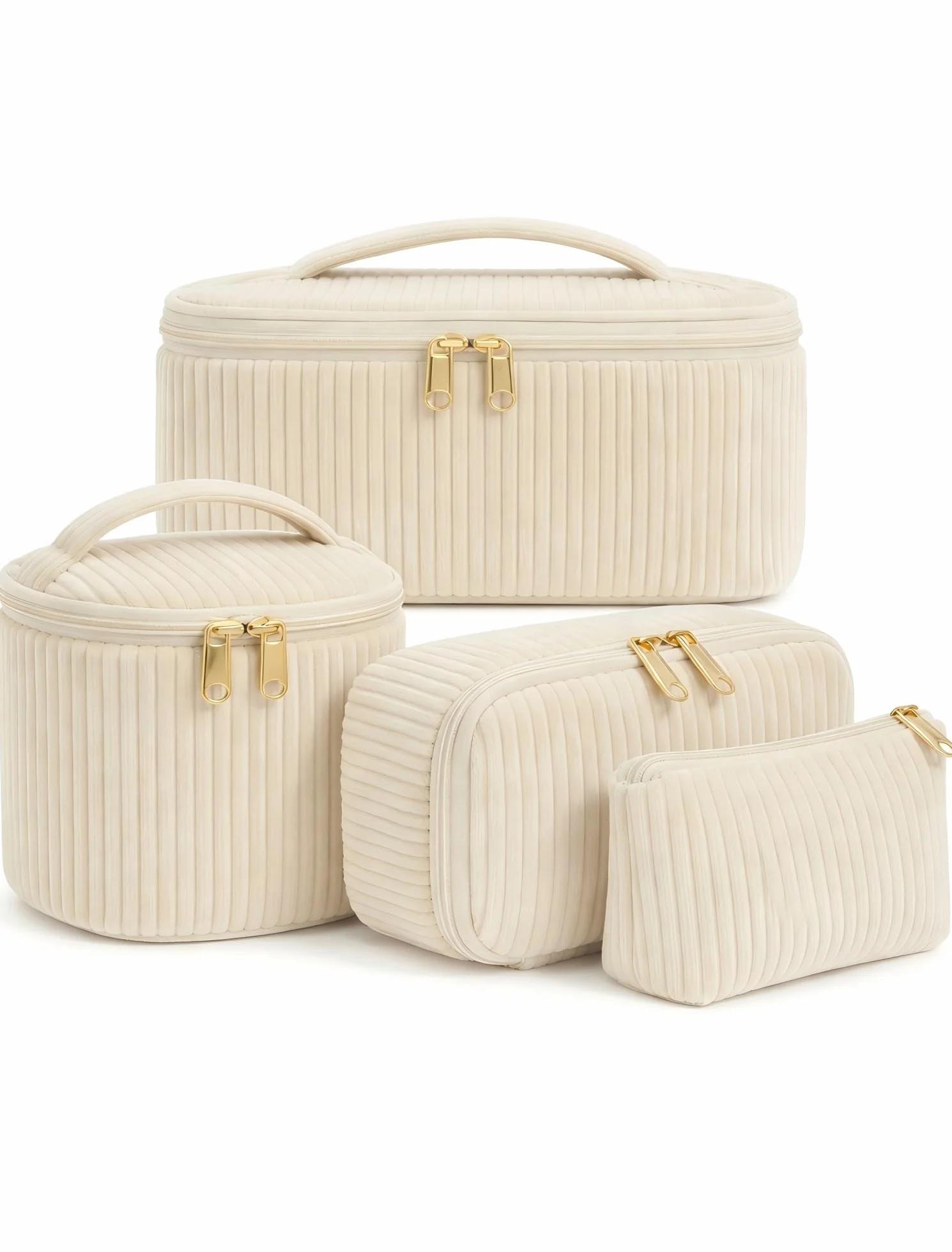 Lot de 4 Trousses de Toilette Femme en Velours Côtelé, Trousse Maquillage avec Poignée, Grande Moyenne Petite Mini, Beige