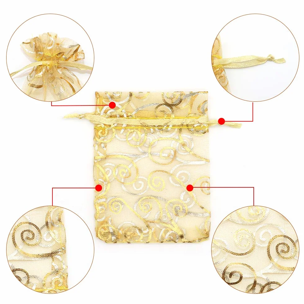 STARUBY Lot de 100 sachets en organza 8x10cm, sacs à cordon pour bijoux, imprimés rotin mariage Noël