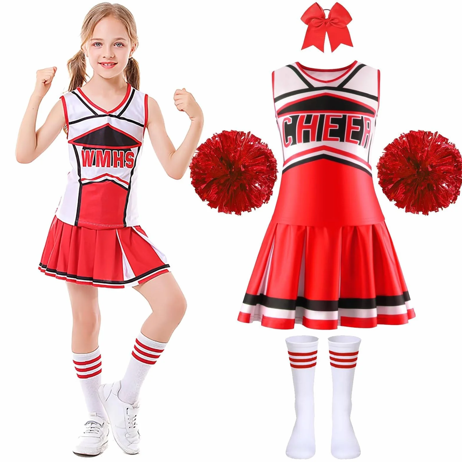 Déguisement Cheerleader Pompom Girl Fille 6-12 Ans avec Pompons Halloween Carnaval