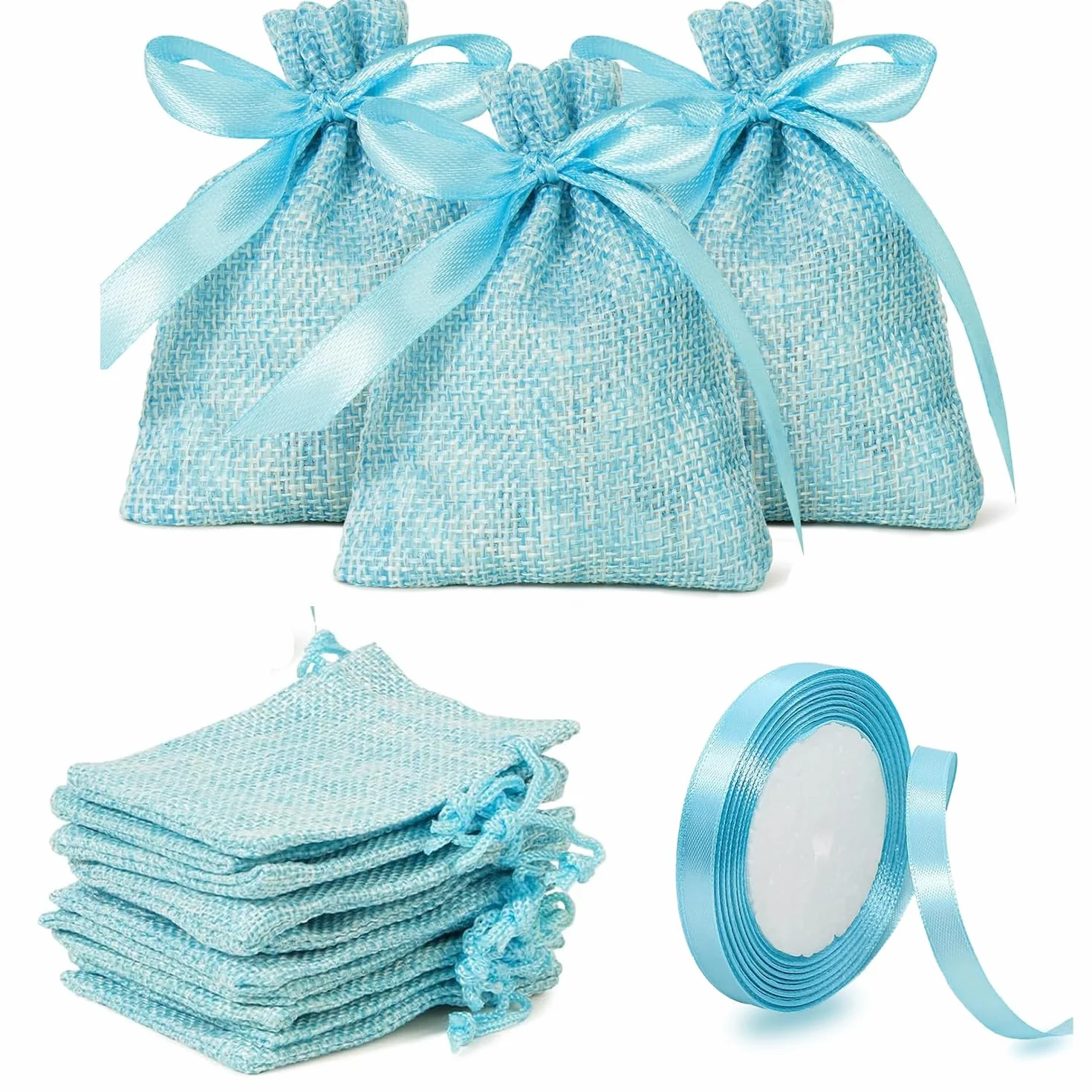 Sacs en Jute à Confettis MEISO 30 Pièces avec Ruban de Satin pour Mariage (Bleu)