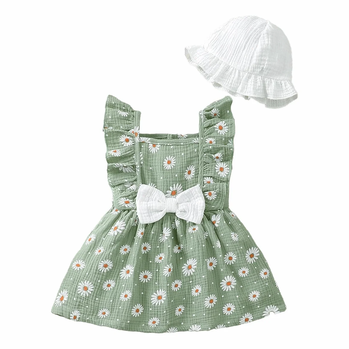 Robe en Coton et Lin pour Petites Filles Imprimée Cœurs Fleurs Manches à Volants Tenue Printemps Été