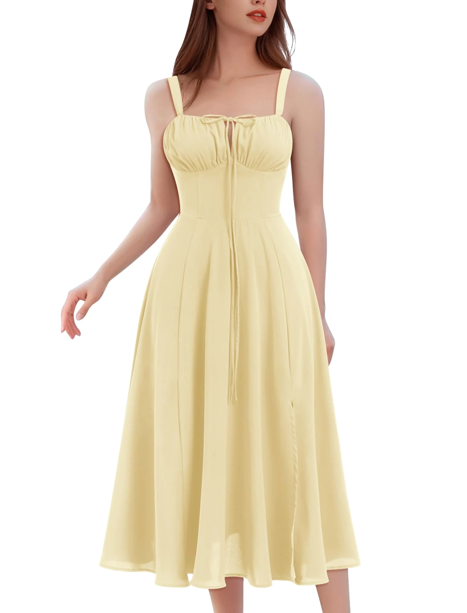 IWEMEK Robe Corset Femme d'été, Robe Longue Boho Chic à Bretelles Réglables - Imprimé Fleuri, Dos Nu, Taille Cintrée, Manche-Épaulette, Longueur Mi-Mollet pour Vacances, Plage, Mariage