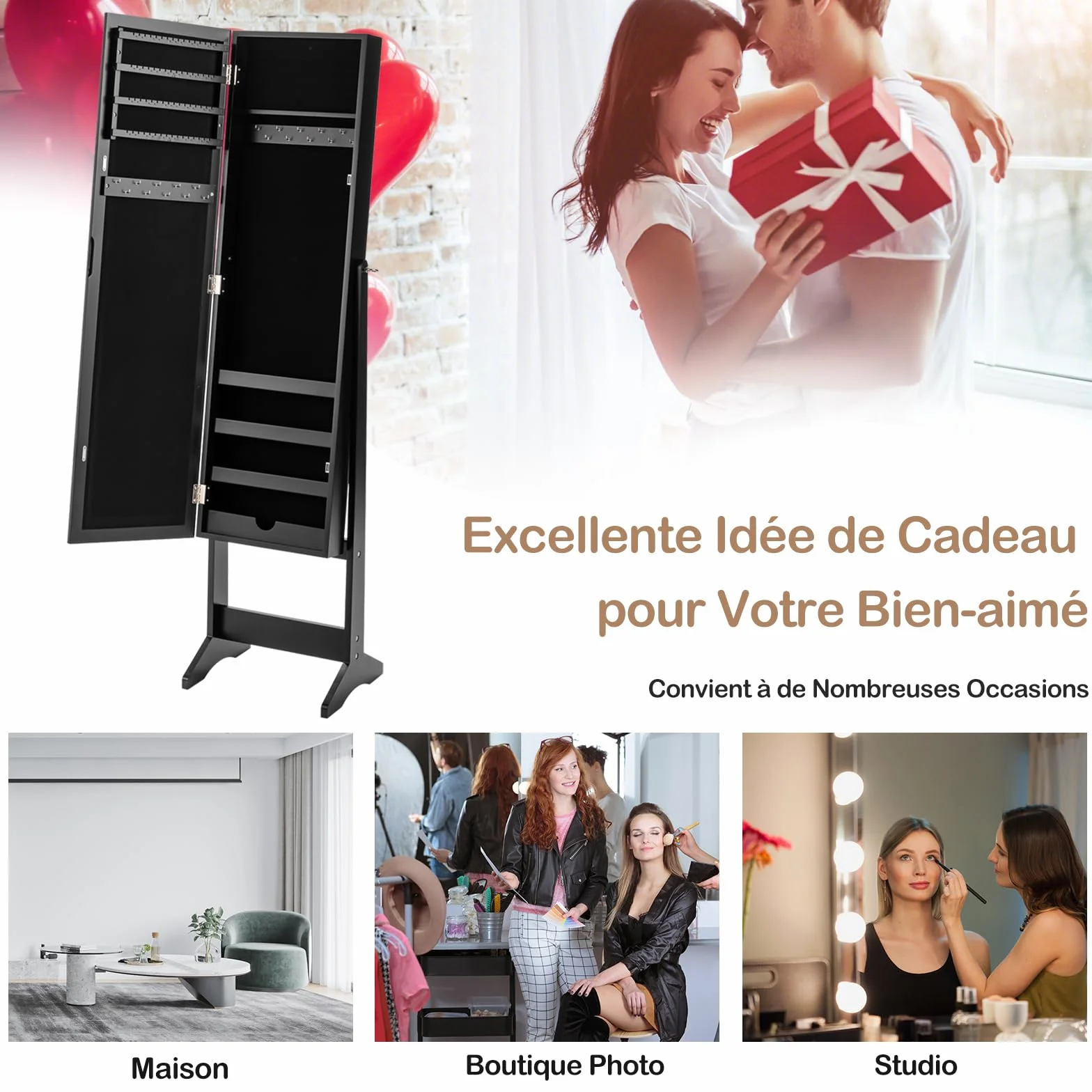 GOPLUS Armoire à Bijoux sur Pied avec Miroir Inclinable, Grand Rangement, Noir