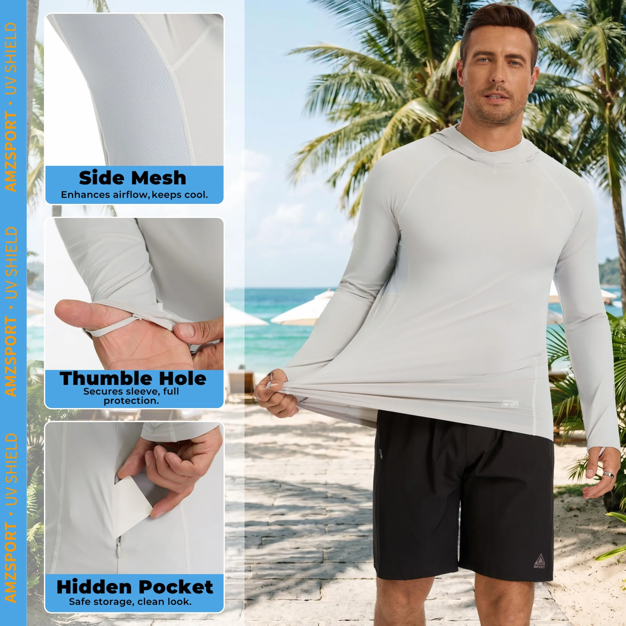 AMZSPORT Sweat à Capuche Homme UPF 50+ Protection Solaire Anti-UV Rashguard Manches Longues Pêche Plein Air