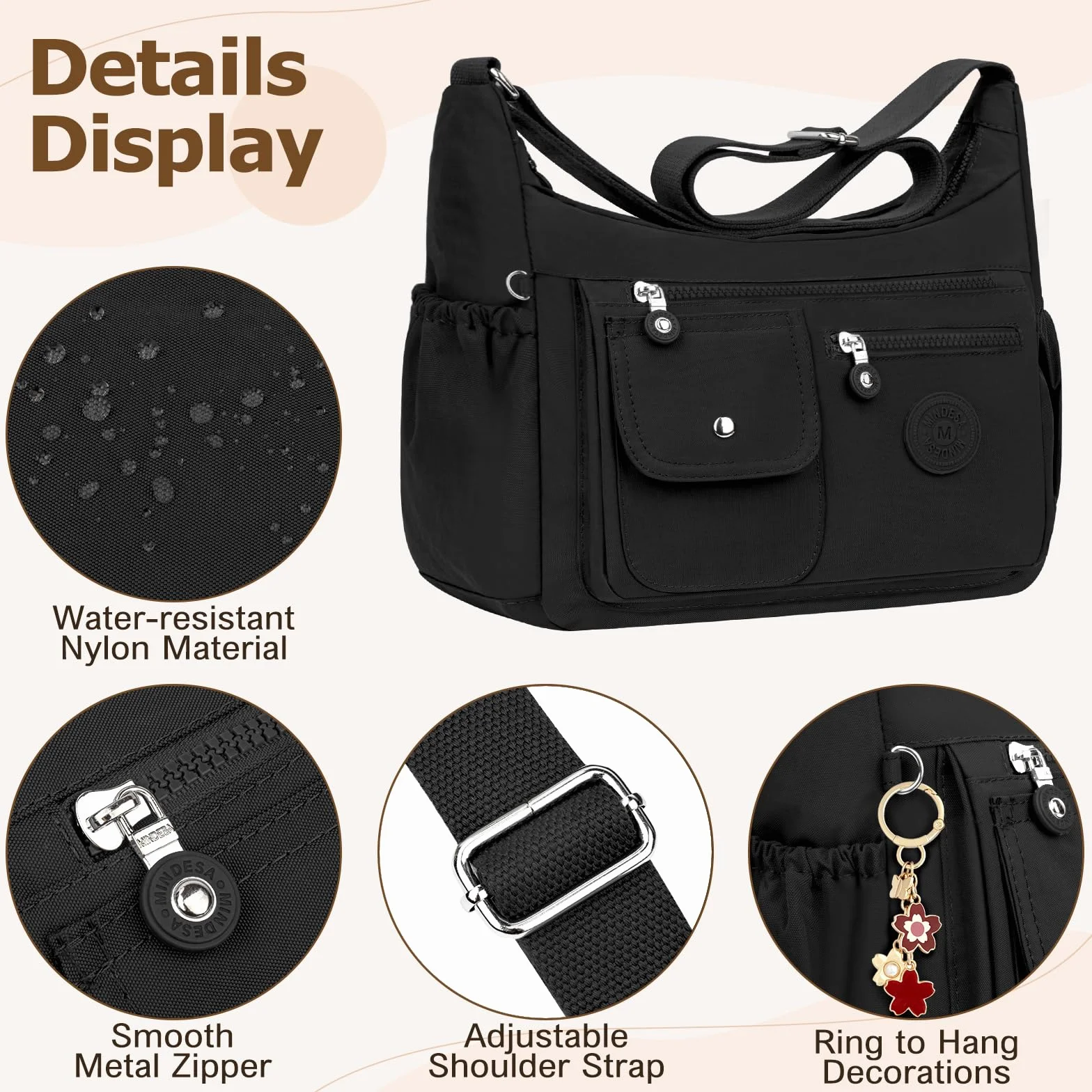 Sac Bandoulière Femme Nylon Impermeable Sacoche Multipoches Messenger avec Bandoulière Réglable